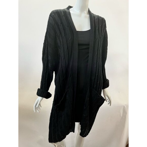 Eskandar Black Cable Knit Long Cardigan Sweater Open Front With Pockets Womens 1